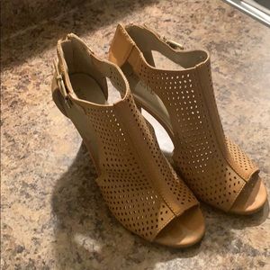 Tan open toe heels